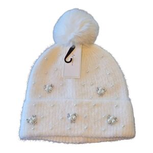Winter White Pearl Bling Pom Pom Knit Beanie Hat